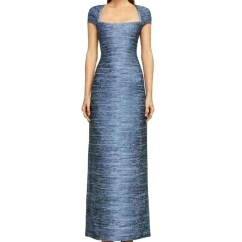 HERVE LEGER OPEN BACK FOIL-PRINT METALLIC GOWN